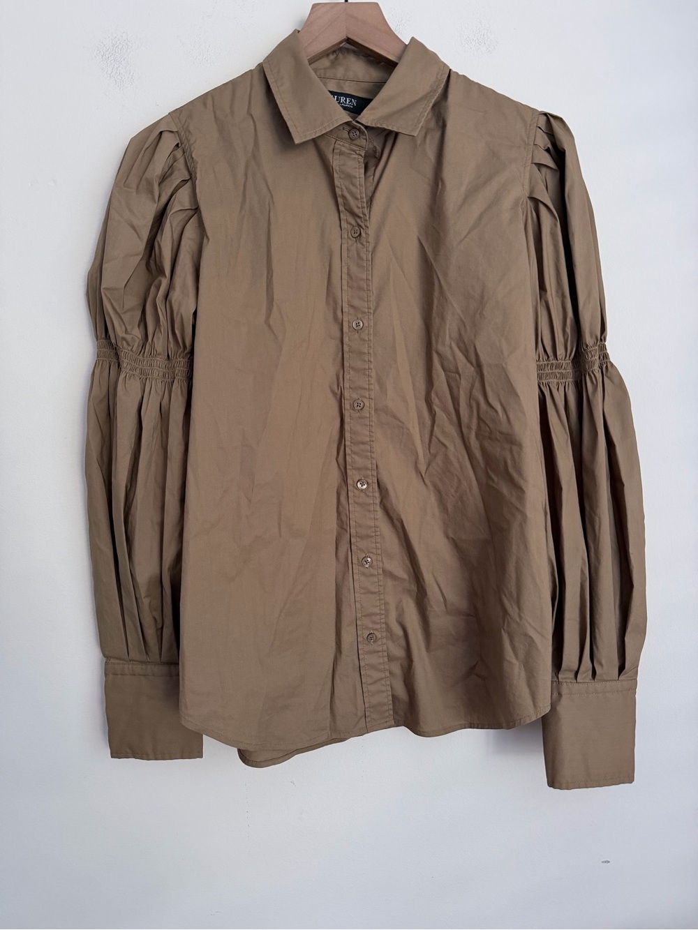 Lauren Ralph Lauren brown button up shirt long puff pleated sleeves 6